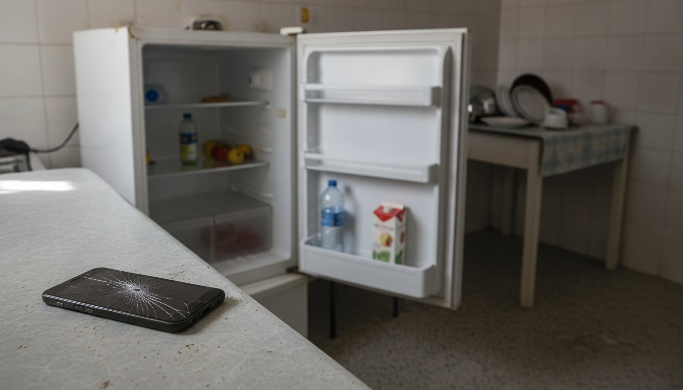Celular com a tela trincada ao lado de uma geladeira aberta em uma cozinha de aluguel.