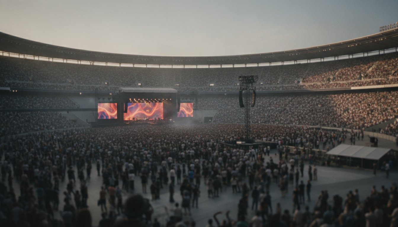 Multidão assistindo a um show em um grande estádio iluminado com pessoas na pista e arquibancada.