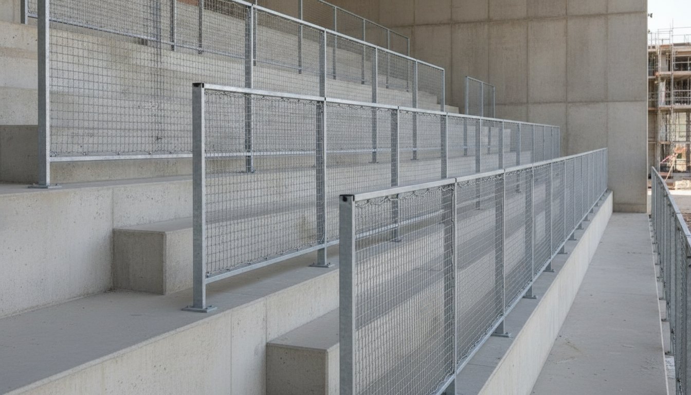Estrutura de arquibancada de concreto com redes de proteção instaladas nos vãos dos guarda-corpos metálicos.